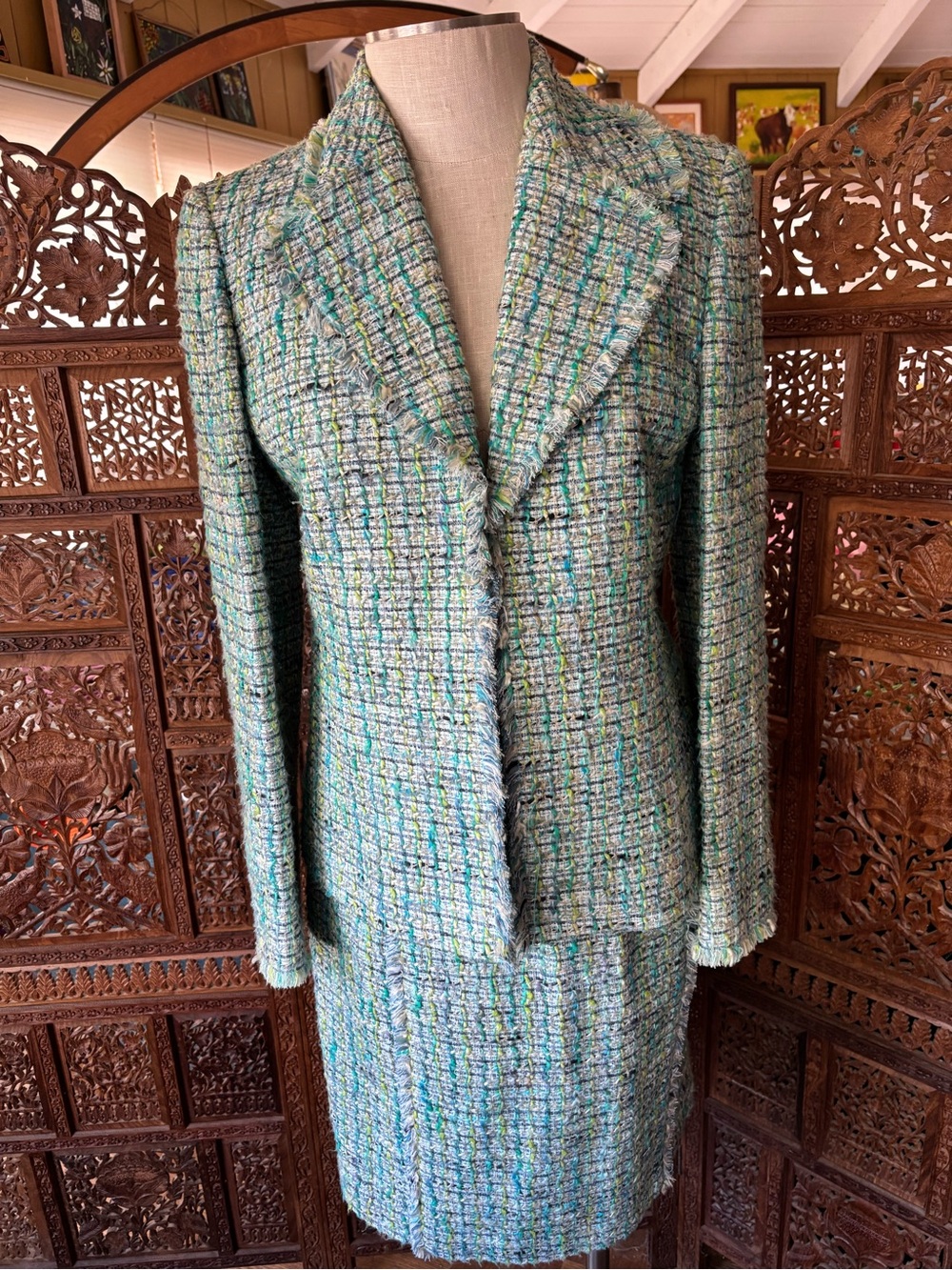 Vintage Dana Buchman Aqua & Blue Tweed Blazer